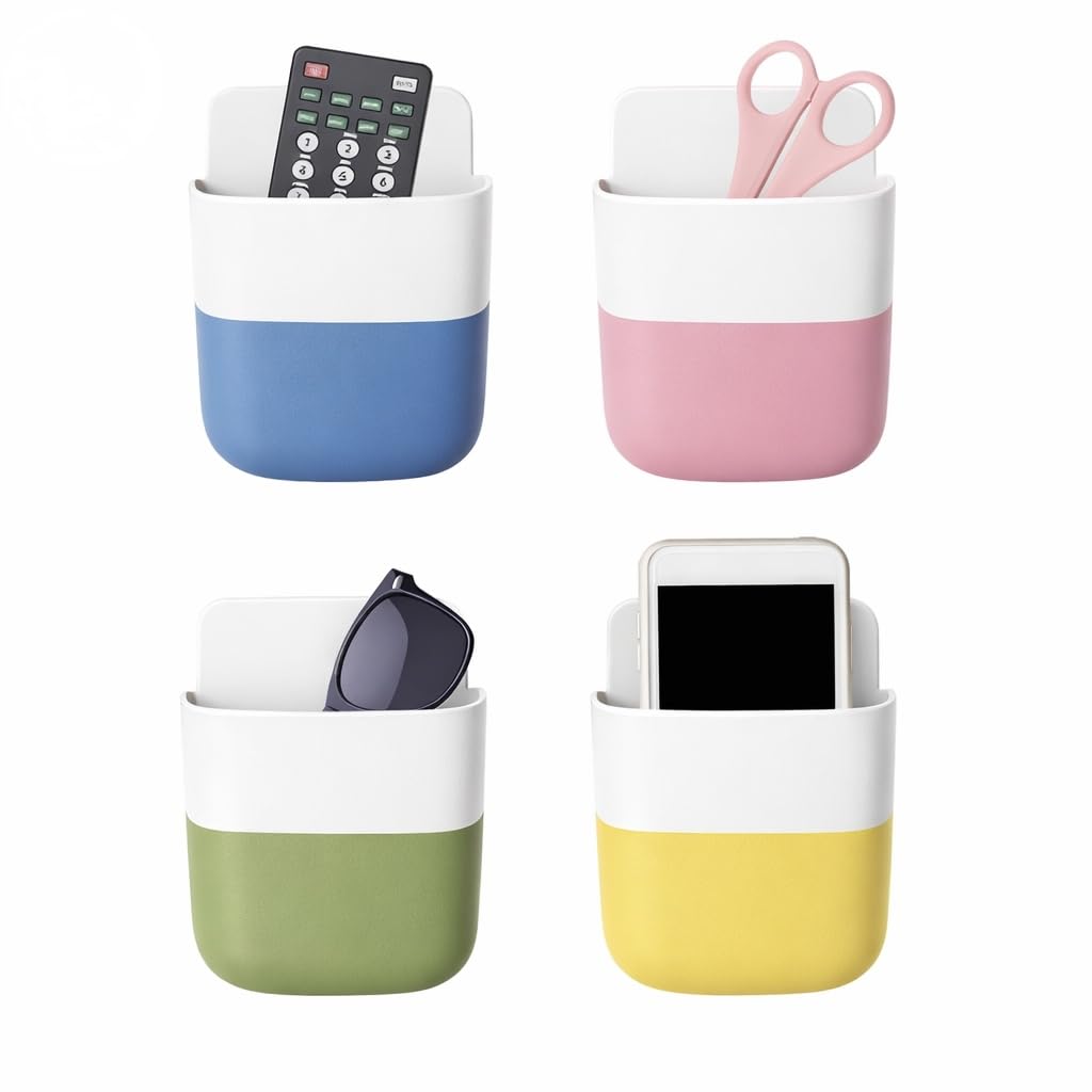 Wall Mount Storage Holder with USB Charging Port, Adhesive Organizer for Mobile Phone, Remote Control, White and Blue