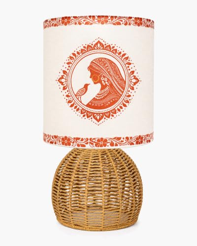 Image of Homesake Handwoven Rattan Table Lamp with Aipan Art Printed Fabric Shade, Decorative Raffia Cane Bedside Lamp, Boho Table Lamp with E27 Holder & Bulb Included, Living Room, Bedroom & Home Decor