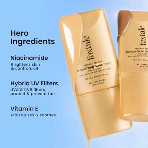 Image of Foxtale SPF 50 PA++++ Tinted Sunscreen, 04 Clay | In-Vivo Tested & UVA /B Protection | Niacinamide & Vitamin E | Daily Wear, Blurs Pores, Evens Tone, Matte Finish, Non-Greasy | All Skin Types | 50ml