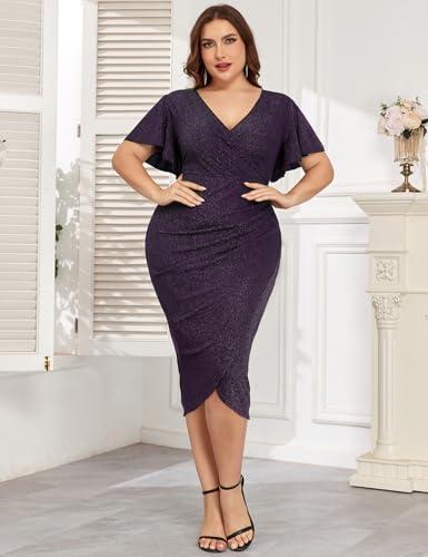 Image of ZOMVA Plus Size 0X-4X Sparkly Glitter Ruched Bodycon Midi Dress Sparkle Sequin Wrap Ruffle Sleeve Dress Cocktail Party Formal