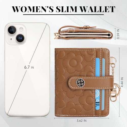 Image of RFID Wallet Women,Slim Small Wallets Embossed Flower Leather Bifold Compact Ladies Girls Wallet with Credit Card Holder Zipper Coin Pocket Brown