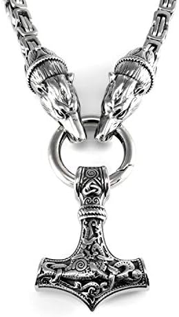 URBANTIMBER Solid Stainless Steel Necklace Thor's Hammer with Fenris Wolf