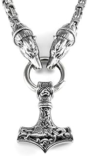 URBANTIMBER Solid Stainless Steel Necklace Thor's Hammer with Fenris Wolf