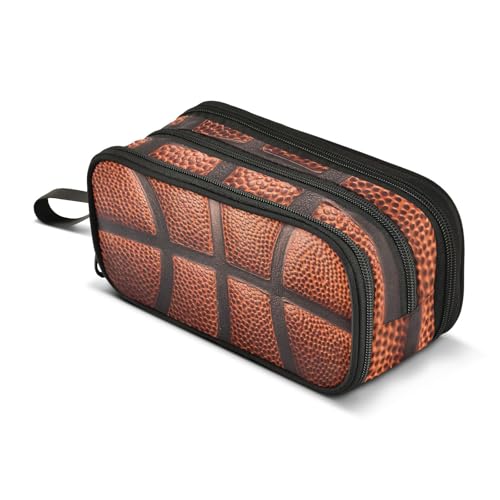 Image of Basketball Ball Texture Large Pencil Case 3 Compartment Pen Bag Pouch Holder Box for College School Portable Stationery Storage Bag for Girls Boys