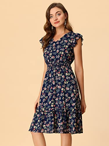 Image of Allegra K Women's Floral Dress Spring Summer V Neck Flutter Sleeve Ruffle Casual Smocked Knee Length Dresses