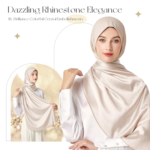 Instant Hijab Scarf for Women - Satin Silky Wrap with Stretch Hood, Colored Rhinestone Scarf3