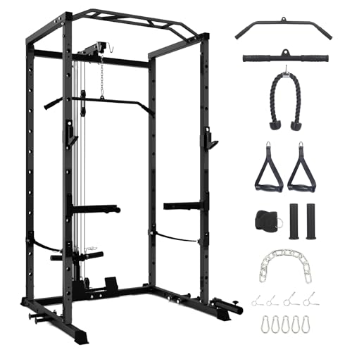 Power Cage with LAT Pulldown, Multi-Functional Power Rack with Cable Pulley System and J-Hooks, Squat Rack with Dip Bars and Landmine Attachment, Weight Cage for Home Gym Equipment