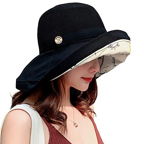 Summer Mesh Sun Hats for Women UV Protection Wide Brim Packable Beach Bucket Hat Black