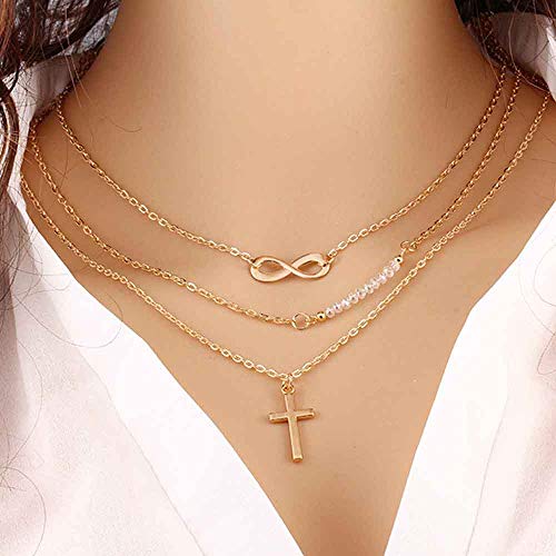 Preisvergleich Produktbild Jovono Fashion Multi - Layer - Halskette mit Kreuzanhänger und Perlen für Freundschaftsschmuck Muttertagsgeschenk (Gold)
