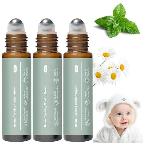 Teething Roller All Natural for Babies Natural Gum Relief with Chamomile & Rose Oil Gentle Massage Applicator for Soothing Infant Teething Pain Essential Oil Massage Roller (3 PCS)