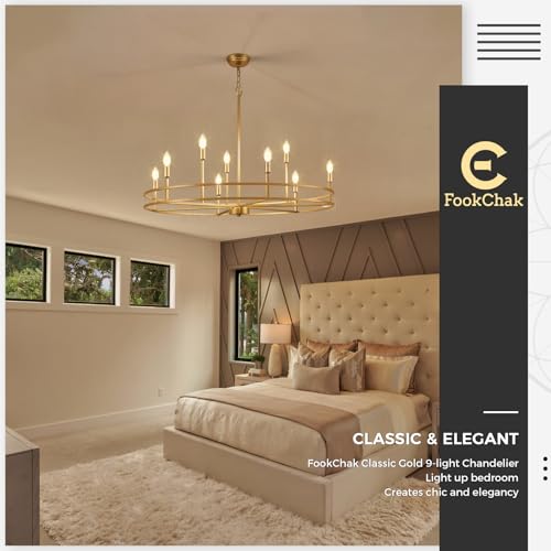 FookChak Brushed Gold Chandelier Light Fixture 9-Light Round Dining Room Chandelier Over Table Brass Chandeliers Lighting for Master Bedroom 35in Metal Chandeliers for Living Room Foyer Bathroom by FookChak - Image 5