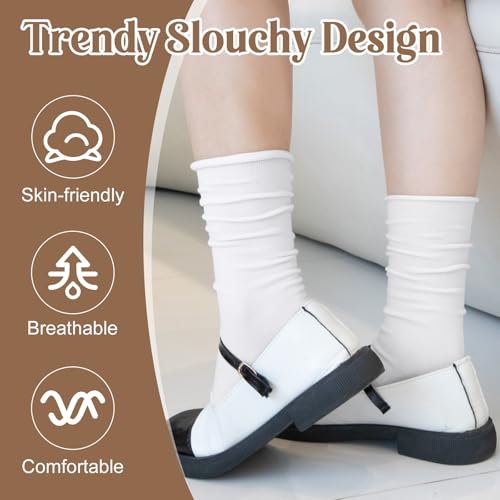 Image of Chalier 5 Pairs Slouchy Socks for Women, Soft Cotton Crew Socks | Breathable Blend, Elastic Cuff, Cute Roll Top, Calf Scrunch Tube, Easy Pull On, Flexible Stretch Motion, Casual Daily Wear