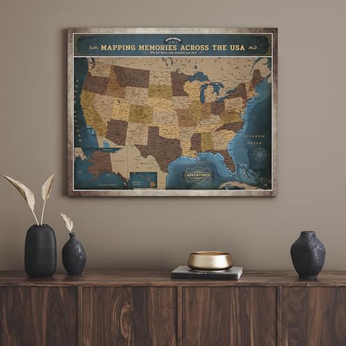 Image of DECORARTS USA Travel Map with Pins, Deep Blue USA Map Pin Board, 20x16'' | US Map for Travel Tracking, Push Pin Travel Map for Bedroom Home Study Office Decor, Ready to Hang
