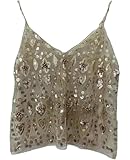 Womens Summer Sequin Sparkle Strape Camisole See Through Tank V Neck Y2k Cute Beaded Top (Gold, ONE Size)