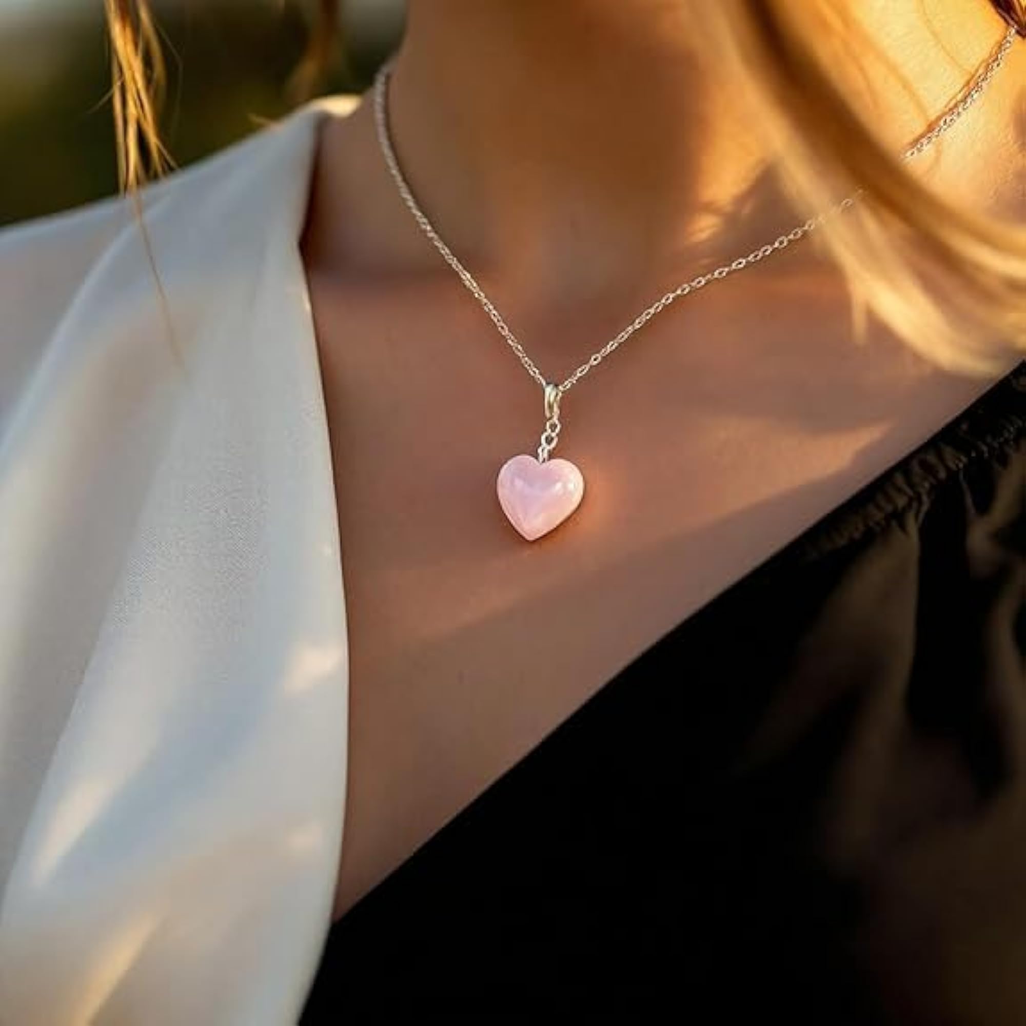 Natural Rose Quartz Heart Crystal Pendant, 2 PC Set