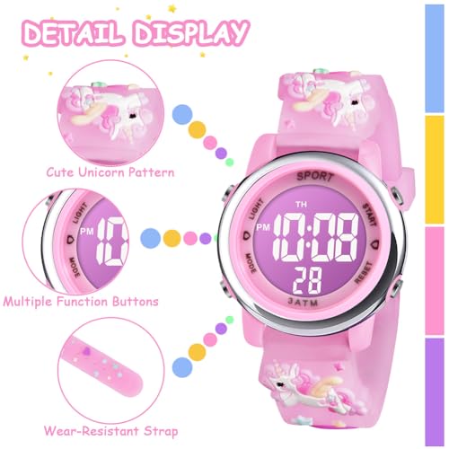 Vicloon Kids Watch, Toddler Digital Watch, Digital Watch LED Electrical Watches 7 Color Lights Watch with Alarm Stopwatch Unicorn Valentine's Day Gift for 3-10 Year Girls
