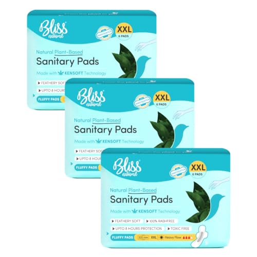 Image of BLISSNATURAL XXL Sanitary Pads for Women (Pack of 18) Sanitary Napkins for Heavy Flow | 100% Rash Free and Leak Proof Protection | Pack of 3 (6 Pads Each)