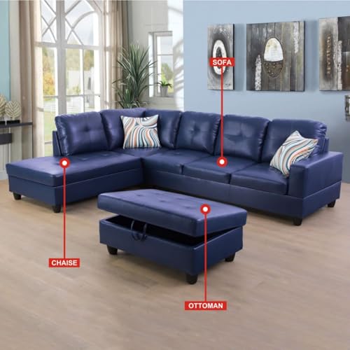 Image of L-Shaped 3-Piece Semi PU Synthetic Leather Sofa with Storage Ottoman Set, Sectional Couch Sofa Set for Living Room, Office, Small Space, Blue