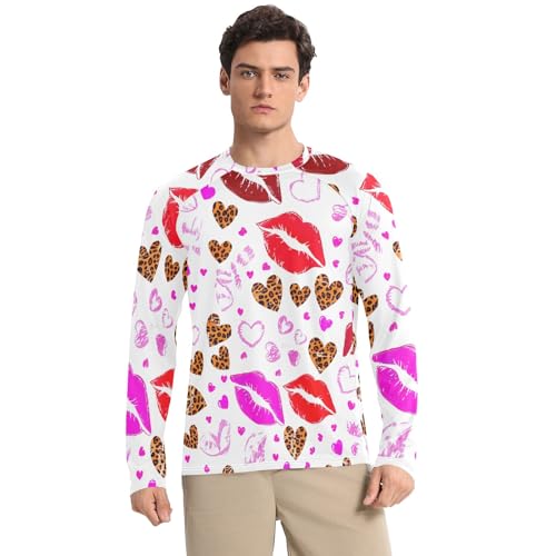Mens UPF 50+ UV Sun Protection Rash Guard Men Quick Dry Men's Rash Guard Long Sleeve Swim Shirts, Leopard Lips Hearts White, Large