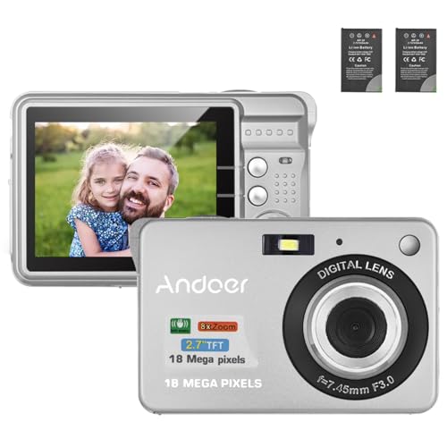 Andoer Digital Camera,Camera Digital Video Camcorder with 2 Batteries 8X Digital Zoom Anti-Shake 2.7 Inch LCD Camera for Adults/Seniors/Children/Teens-Silver
