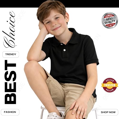 Image of Kids Boys Polo T-Shirt | Half Sleeves | Organic Cotton Rich Bio-Wash Fabric | Ultra Soft & Breathable | Regular Fit | Plain Solid Colour Casual Wear & School Uniform