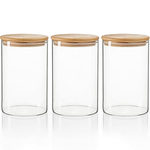 Chungg Transparent 3Pcs 950Ml Glass Storage Containers With Lids, Glass Storage Jars, Clear Kitchen Storages Canisters With Bamboo, For Canister Set For Pasta Flour Cereal Rice Sugar Tea Coffee Beans Lid Spice Jars