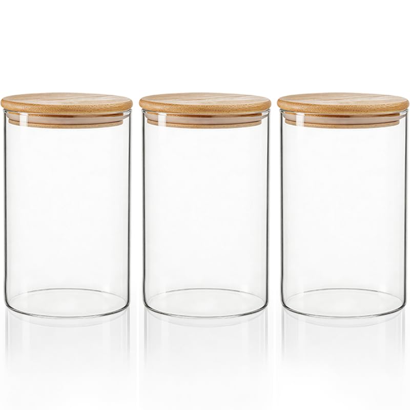 3Pcs 950ml Glass Storage Containers with Lids, Glass Storage Jars, Clear Kitchen Storages Canisters with Bamboo, for Canister Set for Pasta Flour Cereal Rice Sugar Tea Coffee Beans Lid Spice Jars
