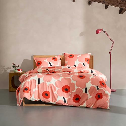 Image of MARIMEKKO - Queen Duvet Cover Set, Soft Cotton Bedding for Year Round Comfort, 3 Piece Floral Bed Set with Matching Pillowcases (Unikko Coral Pink)