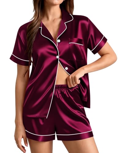 Image of SWOMOG Womens Silk Satin Pajamas Set Short Sleeve Sleepwear Button Down Top and Shorts Loungewear 2 Piece Pjs Set XS-3XL