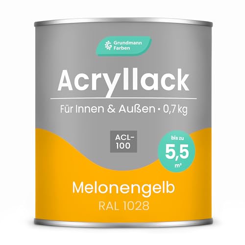 Grundmann Acryllack ACL 100 - Gelb 0,7 Kg - 4in1 Lack inkl. Grundierung - Innen und Außen - Für Holz, Metall, Stein & Kunststoff - Melonengelb RAL 1028
