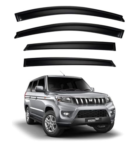 Image of Premium Smoke Car Door Visor Front+Rear Sun /Rain Guard Outside Mount Tape-On Window Visors Compatible with Mahin-dra Bolero Neo Plus (2025-2026)