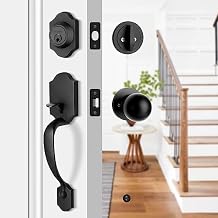 Heavy Duty Front Door Handle Set Matte Black Entrance Handle Classic Front Door Set Single Cylinder Deadbolt and Knob, Half Grip Round Knob Reversible for Right & Left Handed Doors