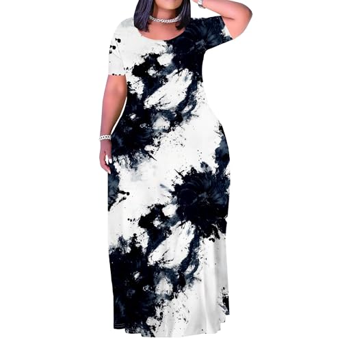 Image of SUZONANA Plus Size Maxi Dress for Curvy Women Summer Casual Sundress Short Sleeve Loose Vacation Dress