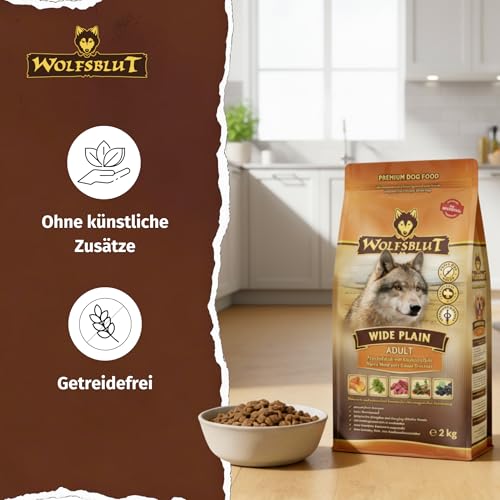 WOLFSBLUT – Wide Plain Adult | Trockenfutter mit natürlichen Zutaten und wertvollen Superfoods für ausgewachsene Hunde. Getreidefreies Alleinfutter ohne Zusatzstoffe im Beutel | 2kg Pferd
