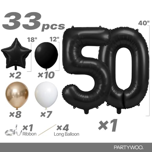 Image of PartyWoo Black Number 50 Balloon 40 Inch 25pcs Black Foil Star White Gold