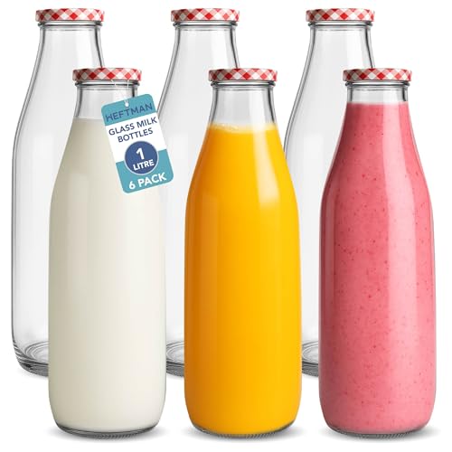 HEFTMAN Botellas de leche de vidrio con tapas, vacías de 1 litro, juego de 6 botellas de leche de vidrio herméticas con tapas de cuadros rojos para bebidas, HM3755
