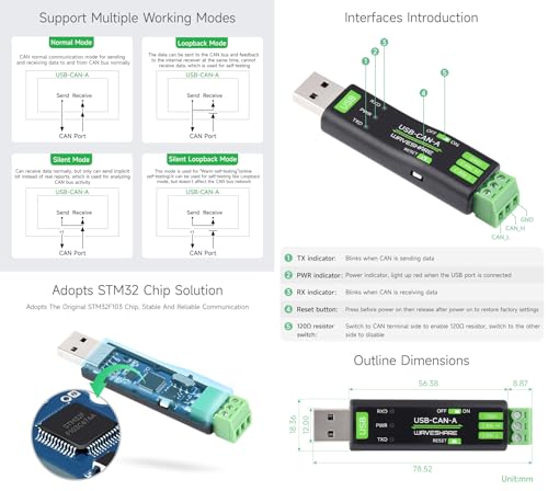 Waveshare USB to CAN Adapter Analyzer, Adopts STM32 Chip Scheme, 4 Working Modes, Stable Communication, for Windows XP/7/8/10/11, for Raspberry Pi OS/Jetson Nano Ubuntu and Other Linux System