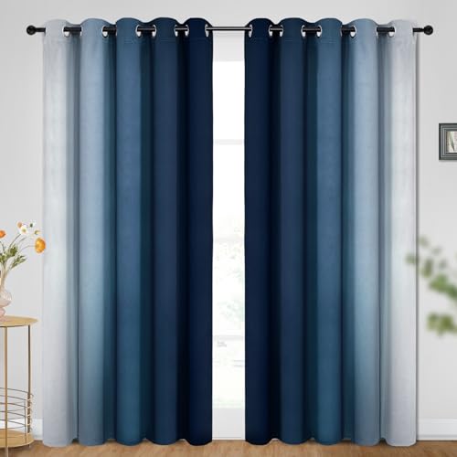 Image of SimpleHome Ombre Blue to Grey White Curtains for Living Room 70Wx84L | Room Darkening Curtains for Bedroom,Gradient Light Blocking Curtain,Thermal Insulated Grommet Window Drapes,2 Panels,84 Inch