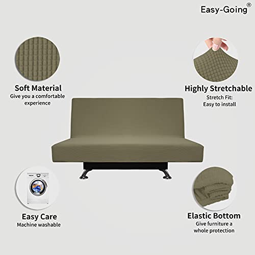 Image of Easy-Going Stretch Medium Futon Slipcover Armless Futon Cover Khaki | Sofa Bed Furniture Protector Without Armrests with Elastic Bottom for Kids, Soft Jacquard Machine Washable