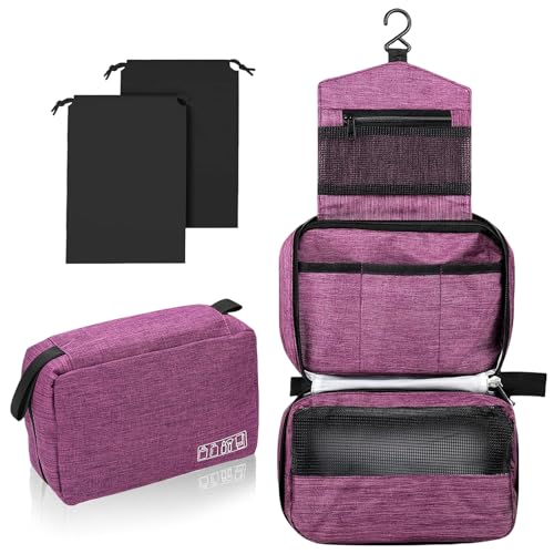 Aucuu Trousse de Toilette, Trousse de Toilette Voyage avec Crochets, Grande Sac Cosmétique Organisateur avec 2 Sac à Cordon, Pliable Trousse de Maquillage Imperméable et Suspendu pour Homme et Femme