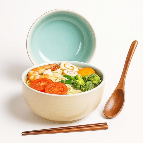 Juego de tazones de cerámica japonesa, tazón grande de 1100 ml, cuenco de sopa con cuchara y palillos, adecuado como juego de sopa y cuenco de arroz (blanco)