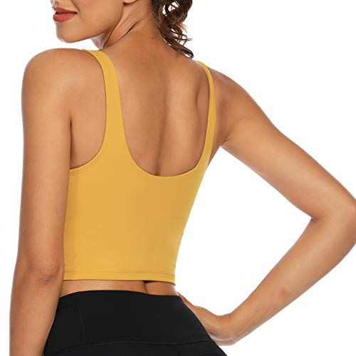 Lemedy Women Sports Bra Longline Crop Tank Top Padded Workout Running Yoga (L, Yellow) #TOP1