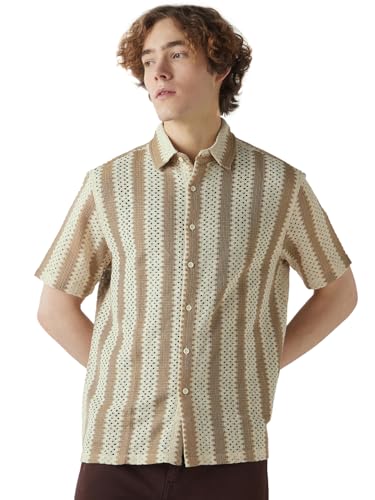 Image of Bewakoof Men's Striped Oversized Fit Half Sleeve Collar Lace Shirt
