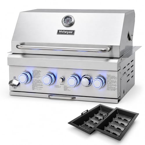 28-inch Built In Gas Grill Outdoor, 4Burner Propane Grill with Rear Burner 48,400BTU, Built-in BBQ Grill Stainless Steel, Charcoal and Propane Gas Dual Fuel, with Rain Cover for Outdoor Kitchen Island