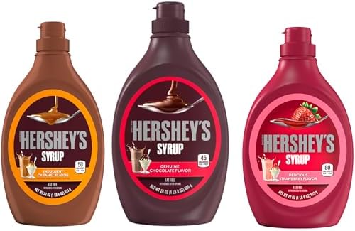 Hershey Dessert Syrup Variety Pack - 3 Tasty Flavors - Chocolate 24 oz, Strawberry 22 oz, and Caramel 22 oz - Delicious Toppings for Any Dessert - Smiling Sweets