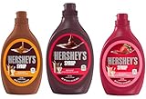 Smiling Sweets Hershey Dessert Syrup Variety Pack, 3 Tasty Flavors Chocolate 24 oz, Strawberry 22 oz and Caramel 22 oz, Delicious Toppings for Any Dessert