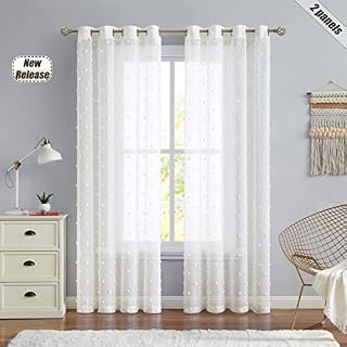 Beauoop Semi Sheer Window Curtains 54-inch Long for Girls Room Bedroom Pretty Pom Pom Dot Floral Voile Juvenile Curtain Drapes Decorative Eyelet Top Window Treatment Set, 2 Panels, 54 x 54 Inch, Ivory