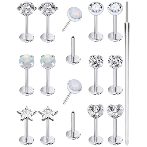 Oufksiyy 18GThreadless Nose Studs Rings Straight Piercing Taper Flat Back Surgical Steel Lip Rings for Nostril, Tragus, Helix, and Labret Piercings, with Studs Earrings Included 3mm 18 Gauge Cover