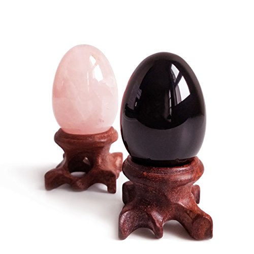 Quartz rose authentique œuf de méditation et sphère obsidienne avec support