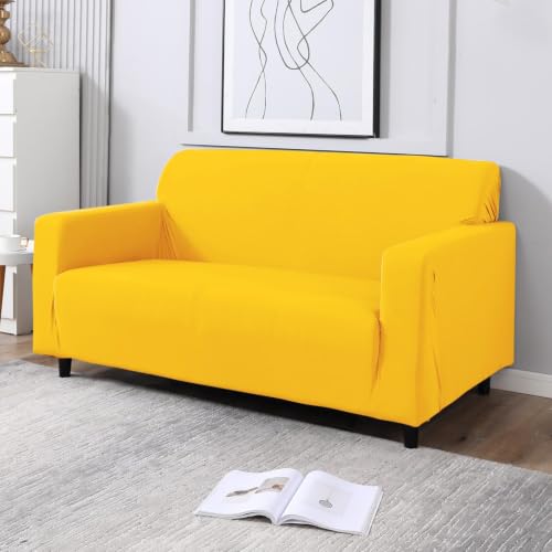 Image of HOKIPO Printed 5 Seater Fully Covered Sofa Cover in 3 Seater and 2 Seater Configuration, Sunny Yellow (NEW-AR-4278-E20 + AR-4279-E20)